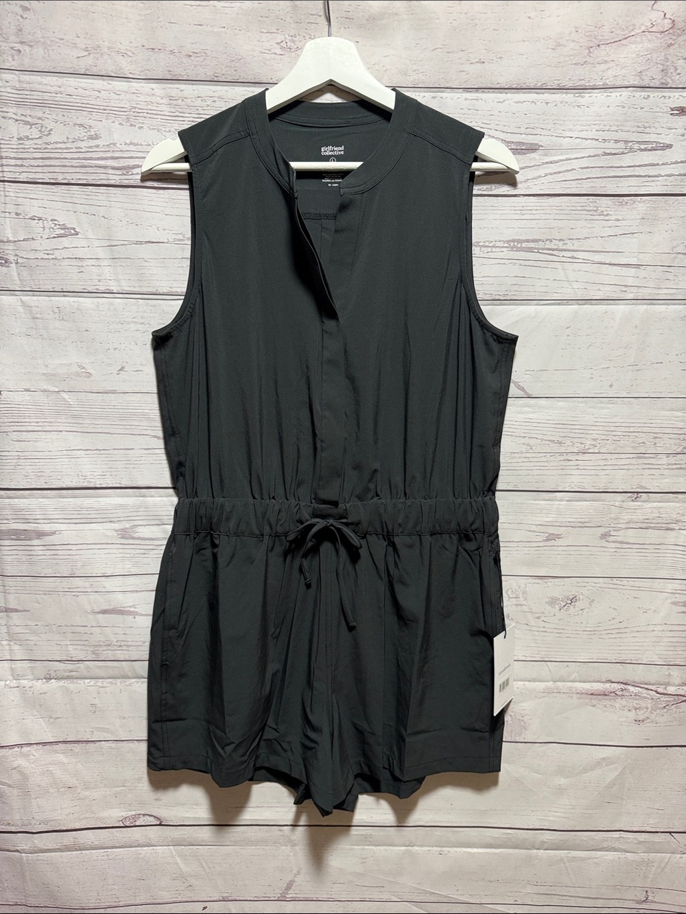 Girlfriend Collective Varsity Stretch Woven sleeveless Romper NWT